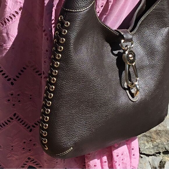 DOONEY AND BOURKE BROWN LEATHER WOVEN DETAILS GOLD HARDWARE - Picture 13 of 16